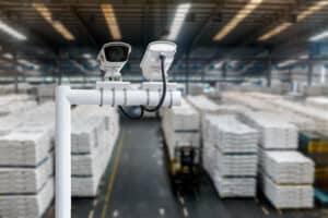 CCTV camera placed inside of a factory containing white containers